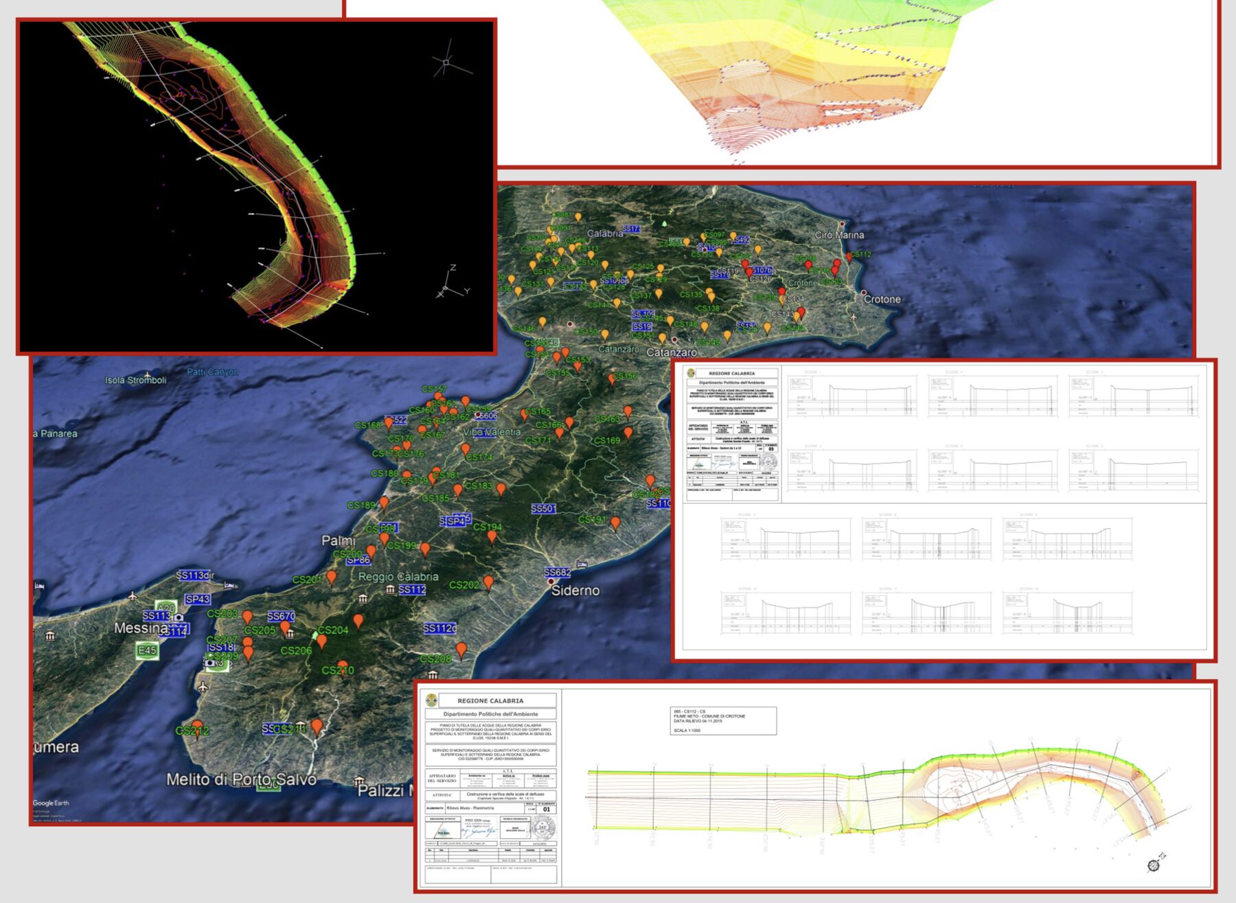 Tavole del rilievo degli alvei per la Regione Calabria: mappa delle stazioni di misura in Calabria, modello 3D di un alveo, sezioni trasversali e planimetria del Fiume Neto a Crotone