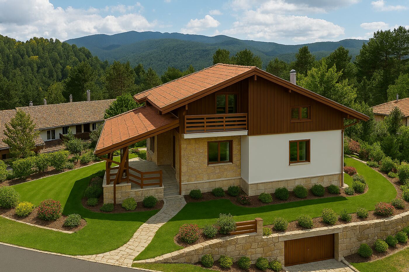 Villa di montagna con facciata in legno, pietra e intonaco bianco, portico in legno e garage nel muro in pietra, sullo sfondo i monti boscosi