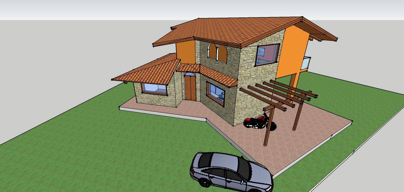 Modello 3D di un'abitazione in pietra con tetto in coppi, intonaco arancio e pergolato in legno