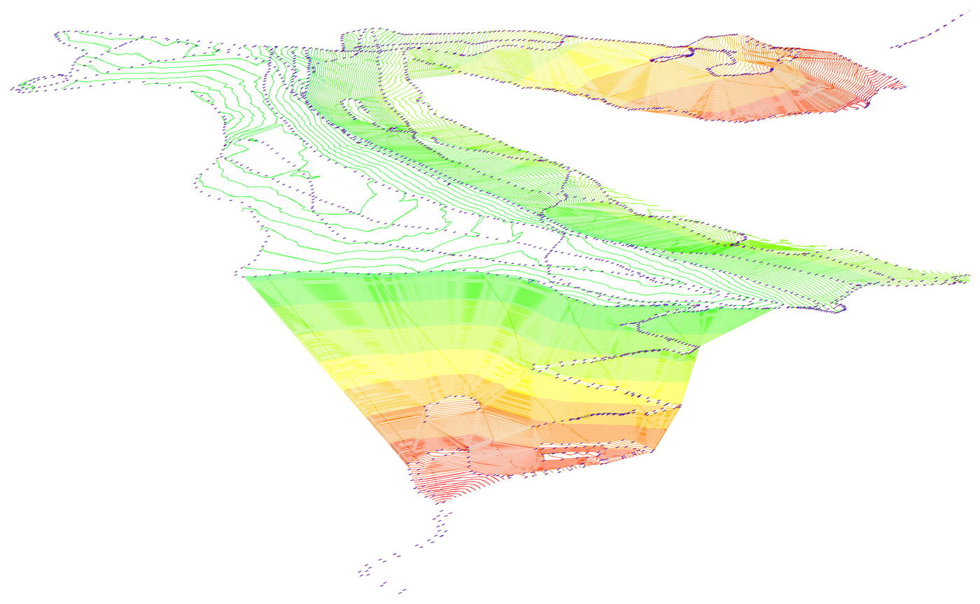 Modello tridimensionale di un rilievo topografico con curve di livello colorate per quota